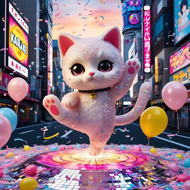 a cat that is standing in the middle of a night with balloons and a sign that says hello kitty