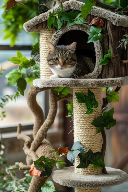 Cat tree condo for outdoor use made from weatherresistant materials with scratching posts