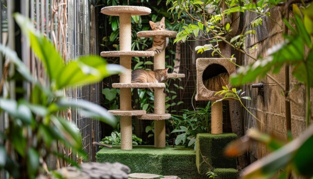 Cat tree for outdoor settings crafted from weatherresistant materials with scratching posts