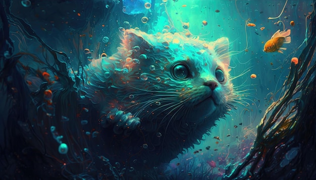 Cat in uderwater illustration by generative AI