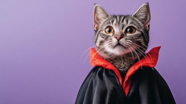 Cat in vampire costume on pink purple background copy space for text