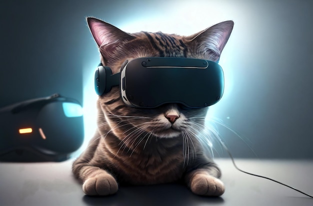 Cat in vr goggle modern pussycat in virtual reality glasses concept of artificial reality