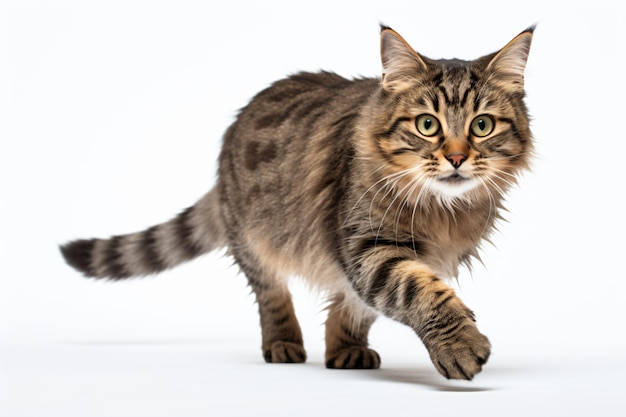 a cat walking across a white surface