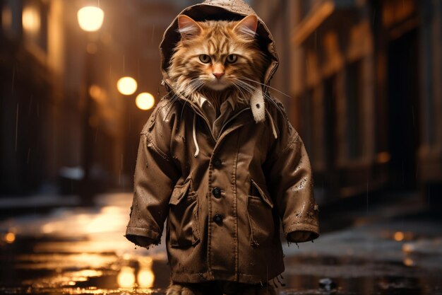 a cat walking down a street in a coat