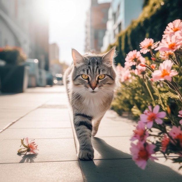 A cat walking on a sidewalk next to flowers and a building.