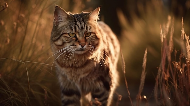 A cat walks through the grass in the evening.