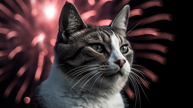 Cat watches the fireworks Bobtail on a black background with space for text Generative AI