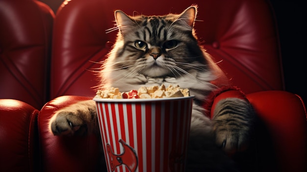 cat watching 3d movie with popcorn