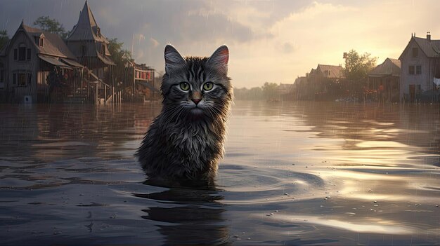 A cat in the water against the backdrop of a flooded village Generative AI