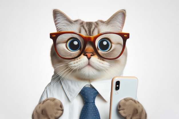 cat wear glasses hold smartphone with white screen with strange facial expressions on solid white background