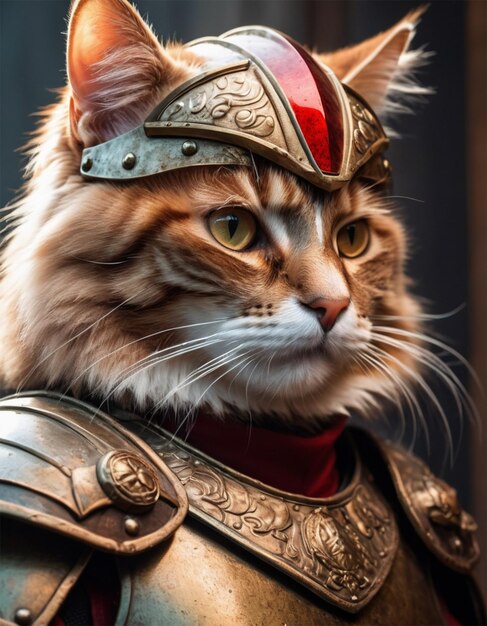 a cat wearing a armor with a red bow on its head