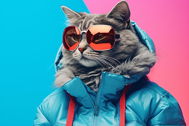 a cat wearing a blue coat and sunglasses