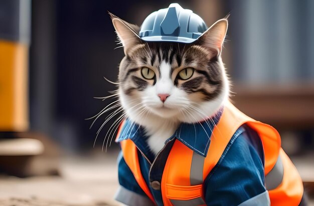 Photo a cat wearing a blue helmet and a vest that says cat on it