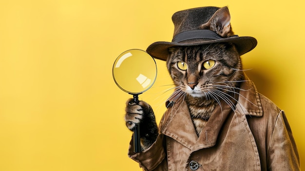 A cat wearing a brown leather trench coat and a brown hat is holding a magnifying glass