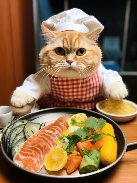 A cat wearing a chef hat and apron and holding food in front of a pan