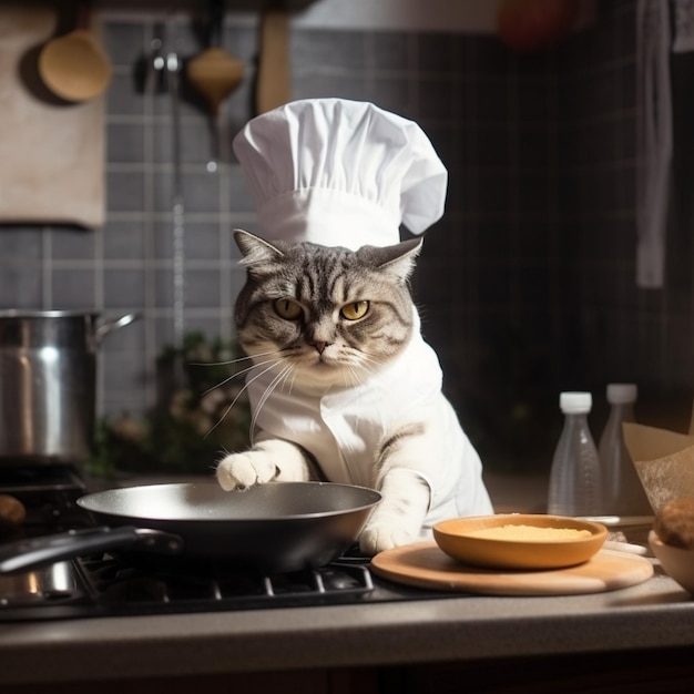 A cat wearing a chef's hat stands in front of a pan on a stove.