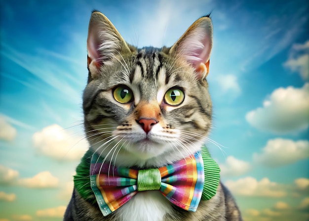 A cat wearing a colorful bow tie