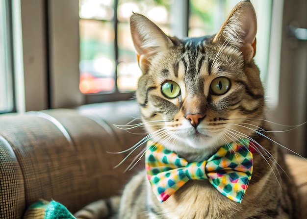 A cat wearing a colorful bow tie