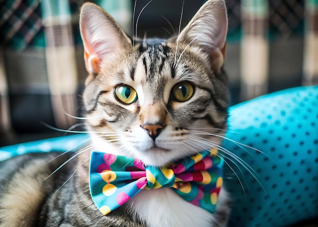 A cat wearing a colorful bow tie