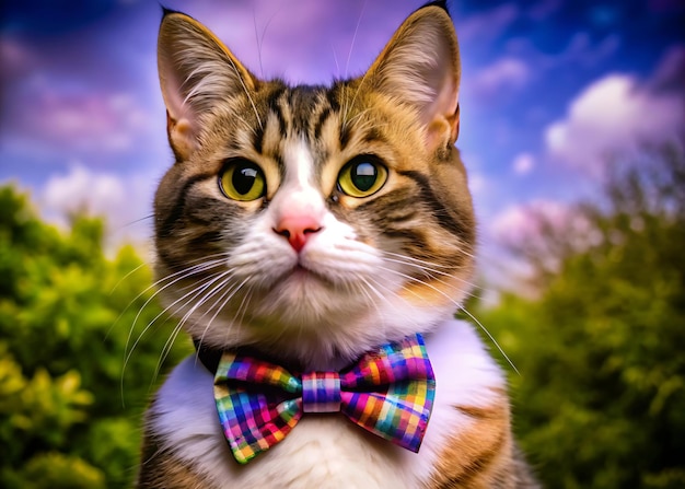 A cat wearing a colorful bow tie