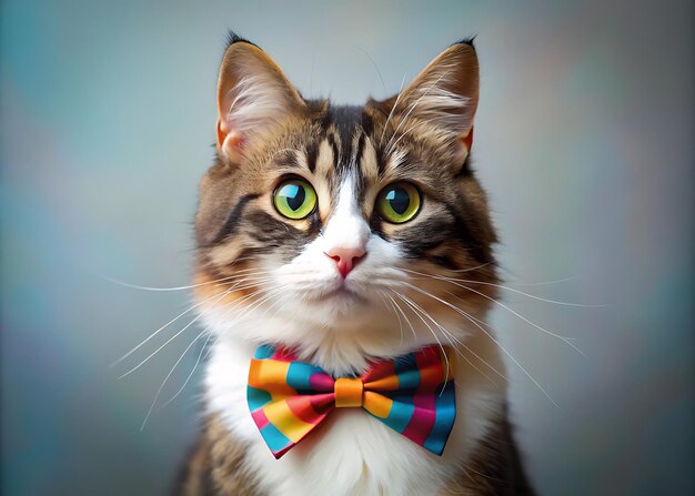 A cat wearing a colorful bow tie