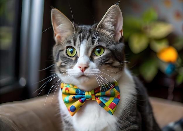 A cat wearing a colorful bow tie