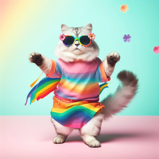 Cat wearing colorful clothes and sunglasses dancing on the pastel background