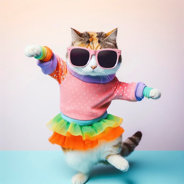 Cat wearing colorful clothes and sunglasses dancing on the pastel background