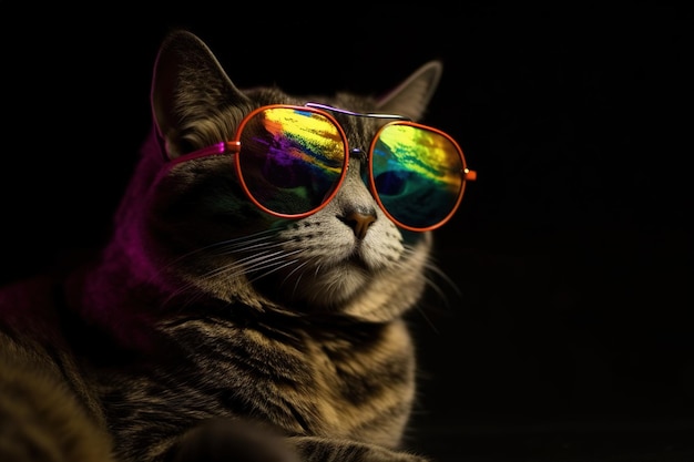 Cat wearing colorful sunglasses on black background Pet illustration generative AI