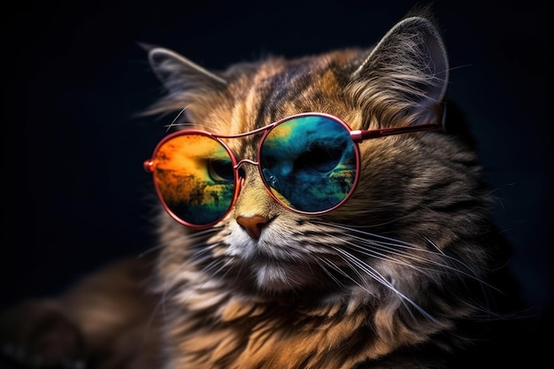 Cat wearing colorful sunglasses on black background Pet illustration generative AI