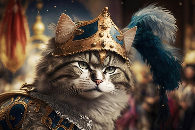 A cat wearing a crown and a blue and green costume