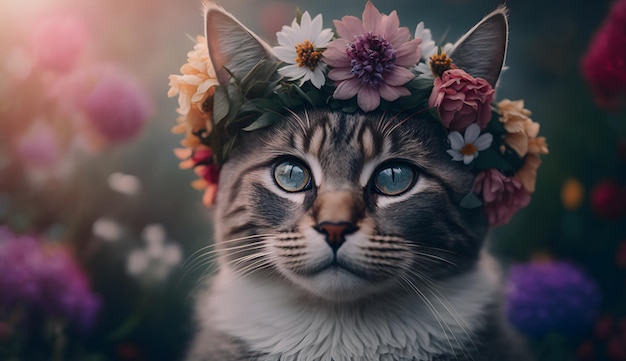 A cat wearing a flower crown