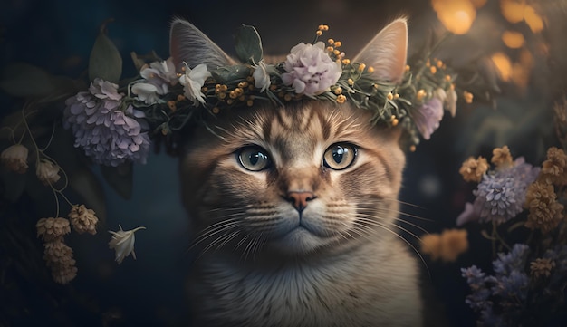 A cat wearing a flower crown