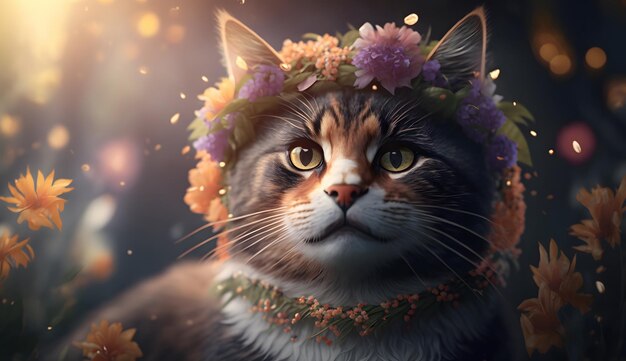 A cat wearing a flower crown