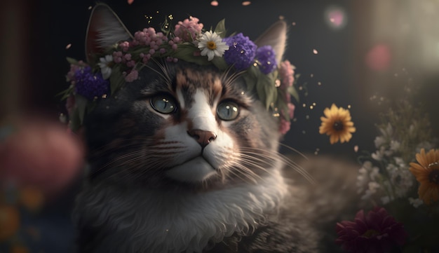 A cat wearing a flower crown