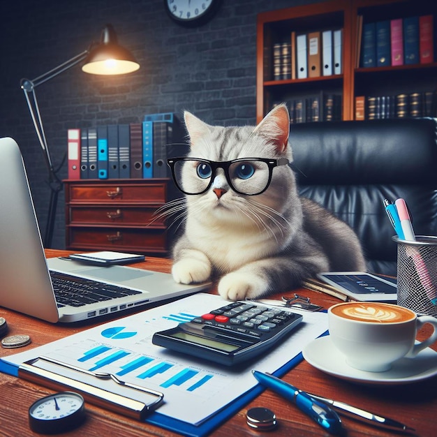 a cat wearing glasses conducting business with a laptop