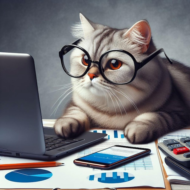 a cat wearing glasses conducting business with a laptop