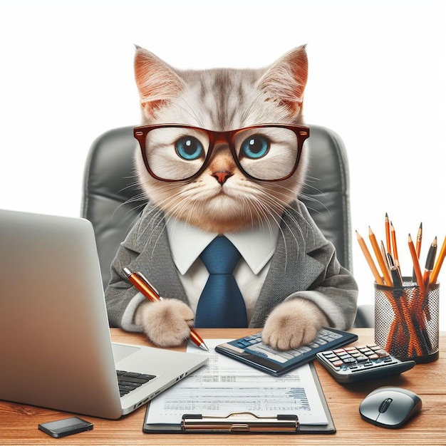 a cat wearing glasses conducting business with a laptop