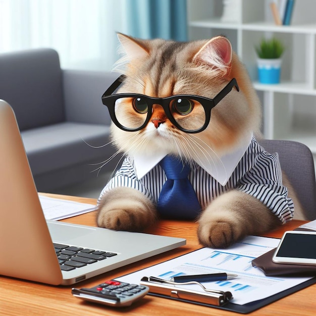 a cat wearing glasses conducting business with a laptop