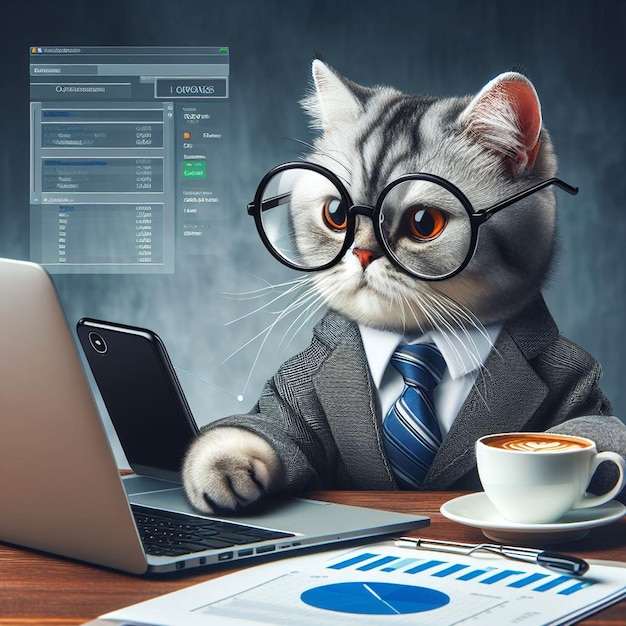 a cat wearing glasses conducting business with a laptop