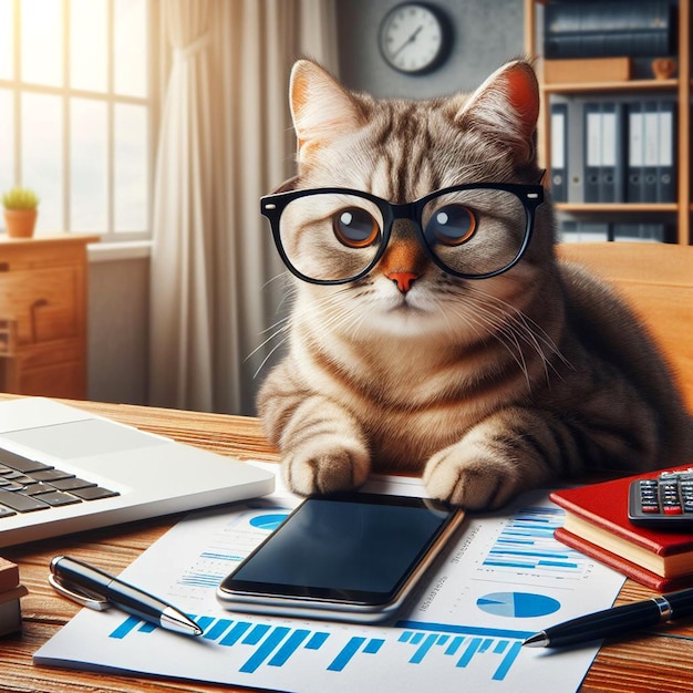 a cat wearing glasses conducting business with a laptop