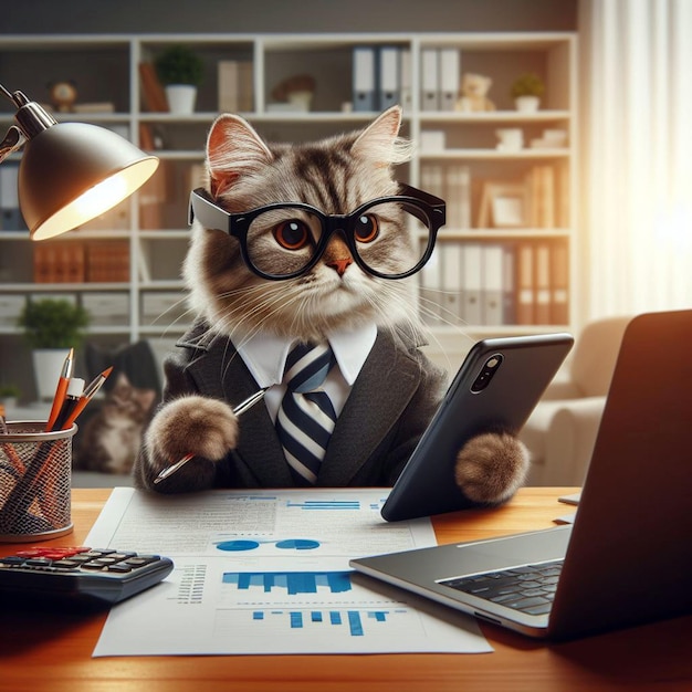 a cat wearing glasses conducting business with a laptop