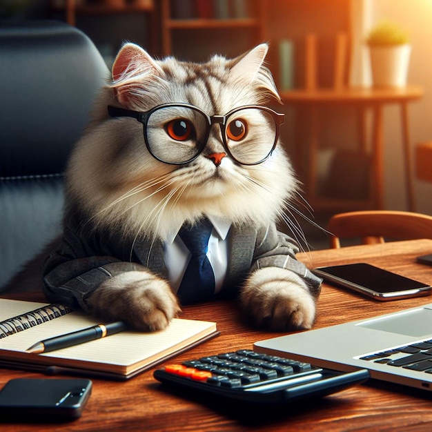 a cat wearing glasses conducting business with a laptop