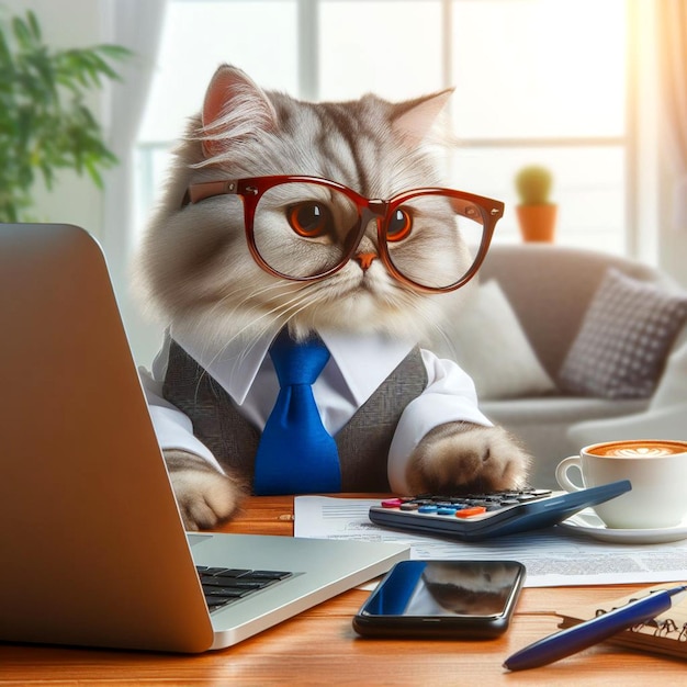 a cat wearing glasses conducting business with a laptop