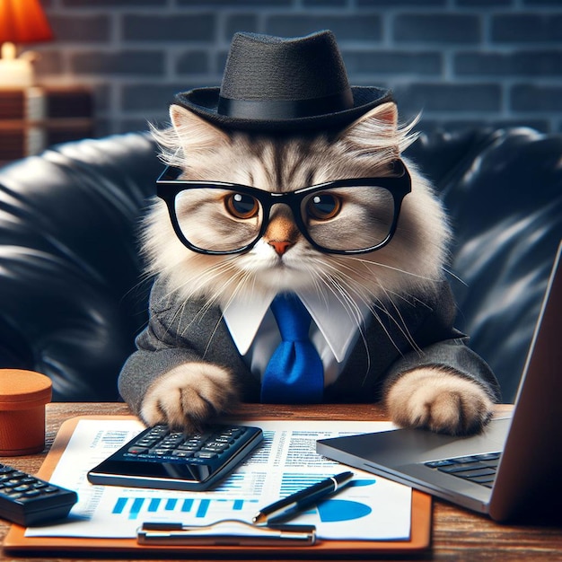 a cat wearing glasses conducting business with a laptop