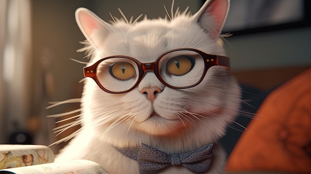 Cat wearing glasses digital art illustration Generative AI