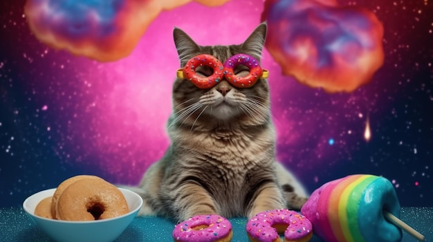 A cat wearing glasses and a pink donut with sprinkles on it.