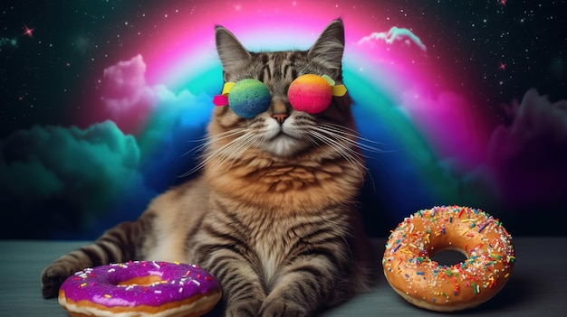 A cat wearing glasses and a rainbow colored glasses sits next to a donut.