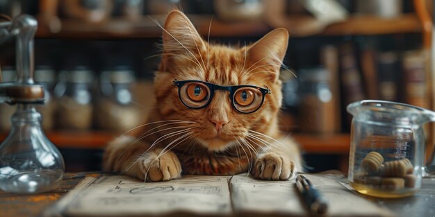 Photo a cat wearing glasses sitting on top of a book