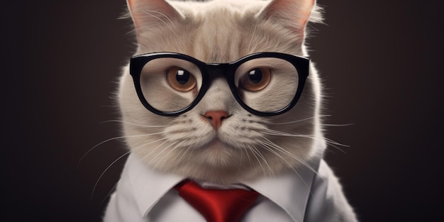 A cat wearing glasses and a tie with a red tie.